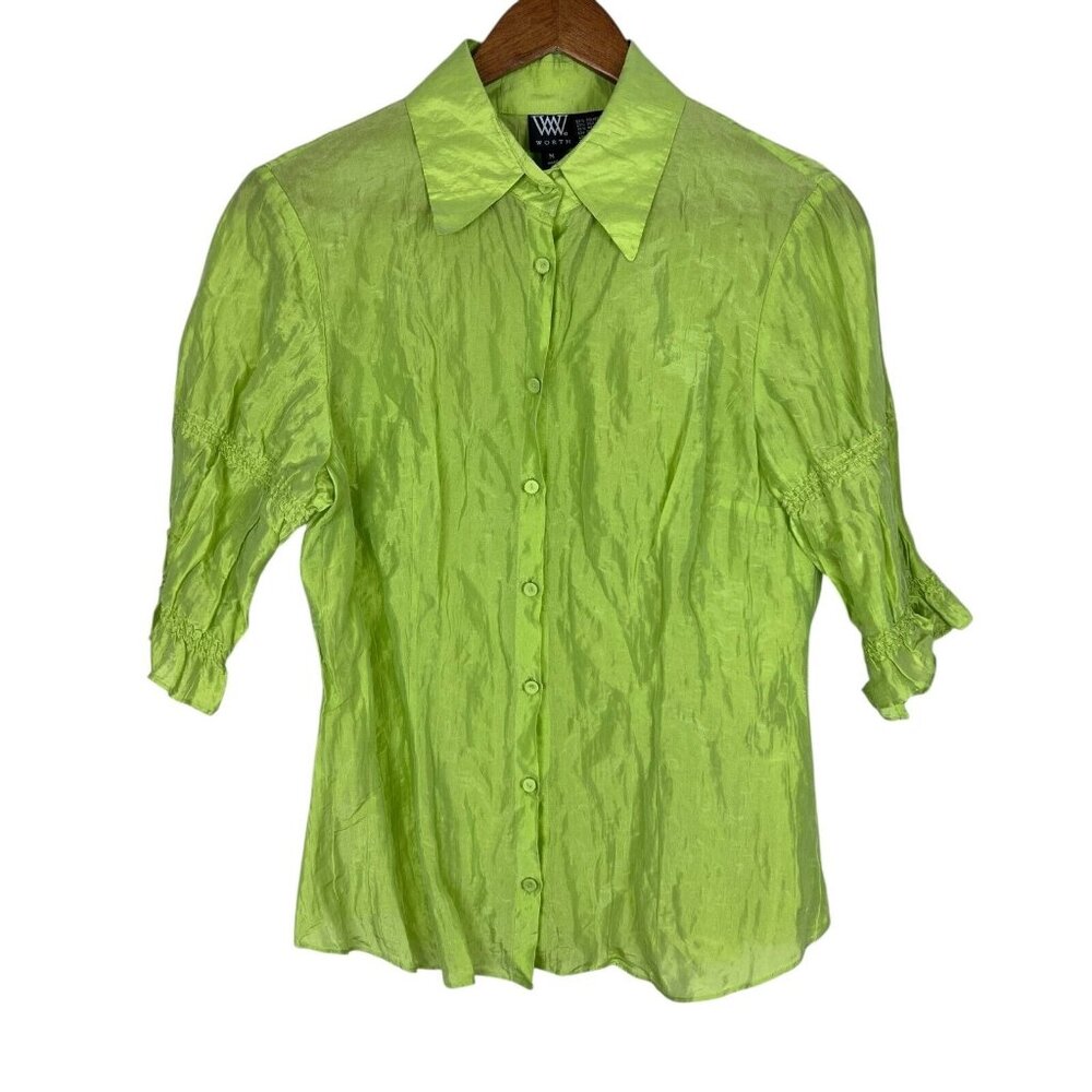 Worth Blouse Top Medium Green Silk Blend Crinkle Button Up 3/4 Scrunch Sleeve M
